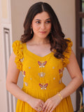 Captivating Yellow Beads Work Organza Festival Wear Gown