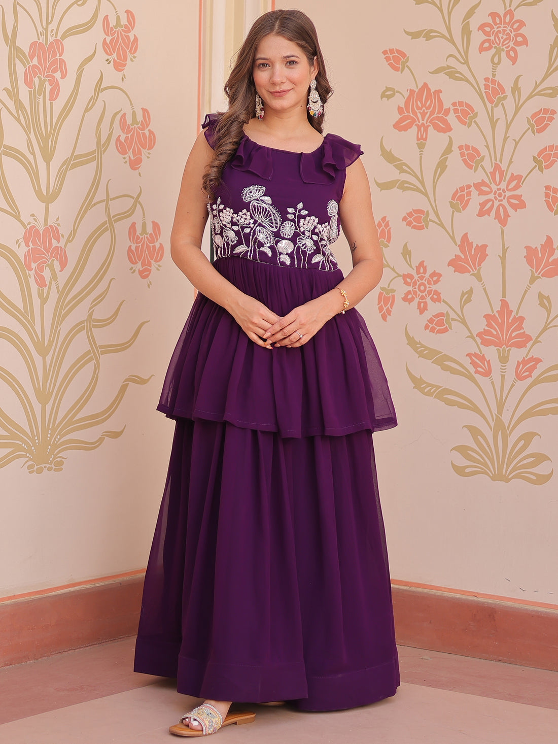 Gorgeous Purple Beads Work Organza Festival Wear Gown