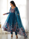 Charming Blue Floral Printed Organza Festival Wear Anarkali Suit