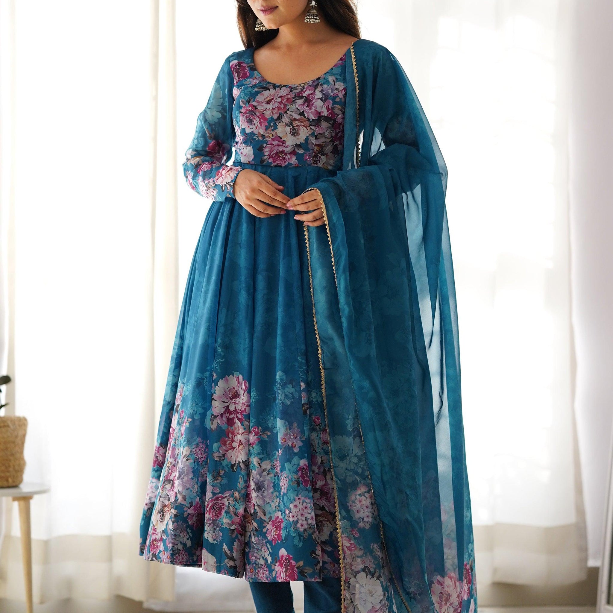 Charming Blue Floral Printed Organza Festival Wear Anarkali Suit