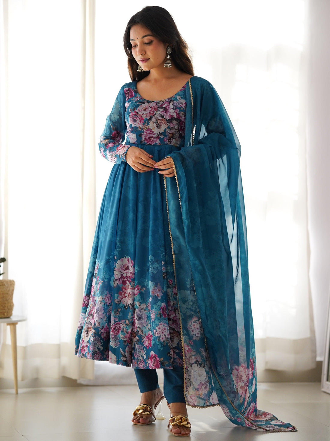 Charming Blue Floral Printed Organza Festival Wear Anarkali Suit