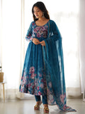 Charming Blue Floral Printed Organza Festival Wear Anarkali Suit