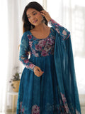 Charming Blue Floral Printed Organza Festival Wear Anarkali Suit