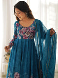 Charming Blue Floral Printed Organza Festival Wear Anarkali Suit