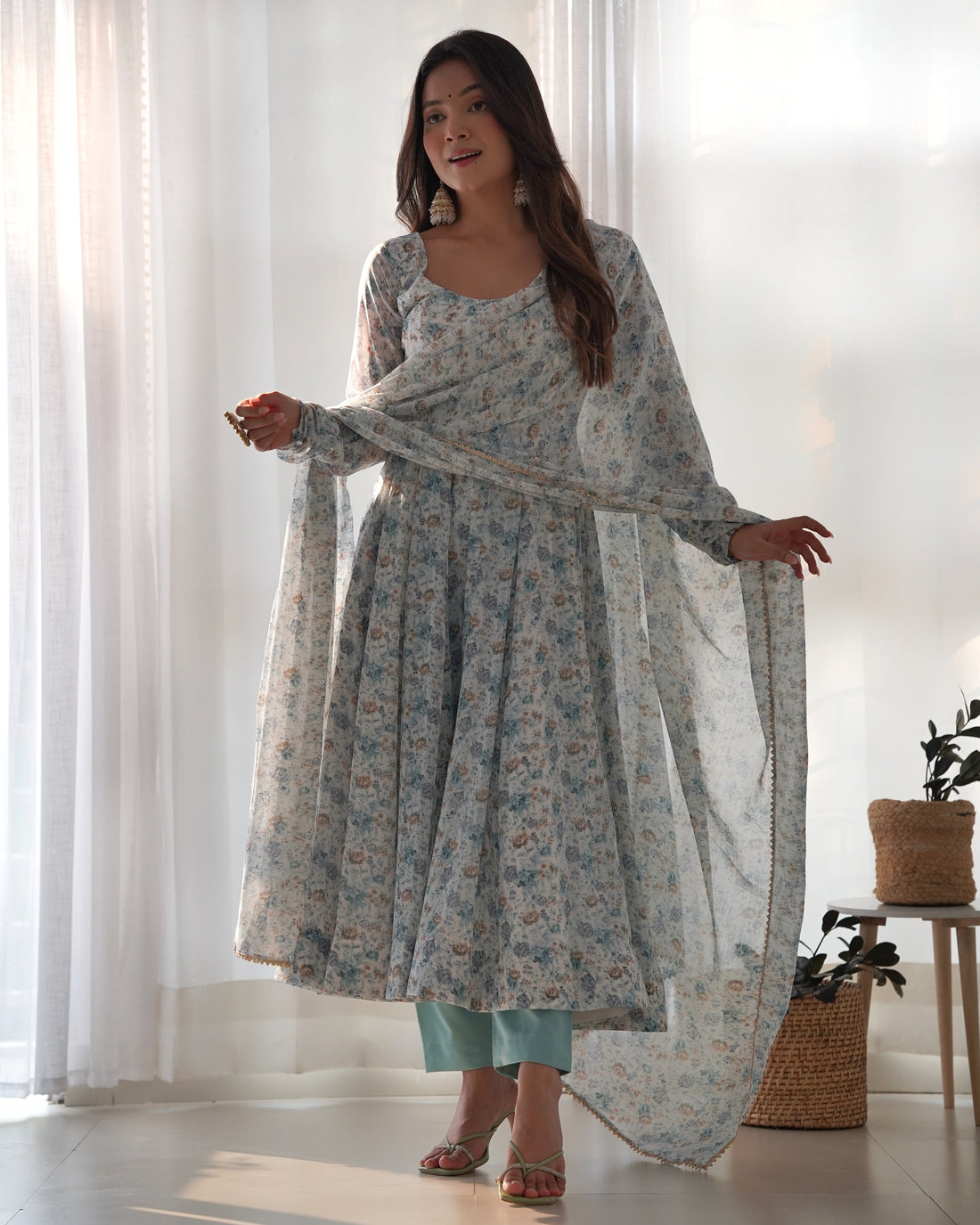 Captivating Off-White Digital Printed Chiffon Festival Wear Anarkali Suit
