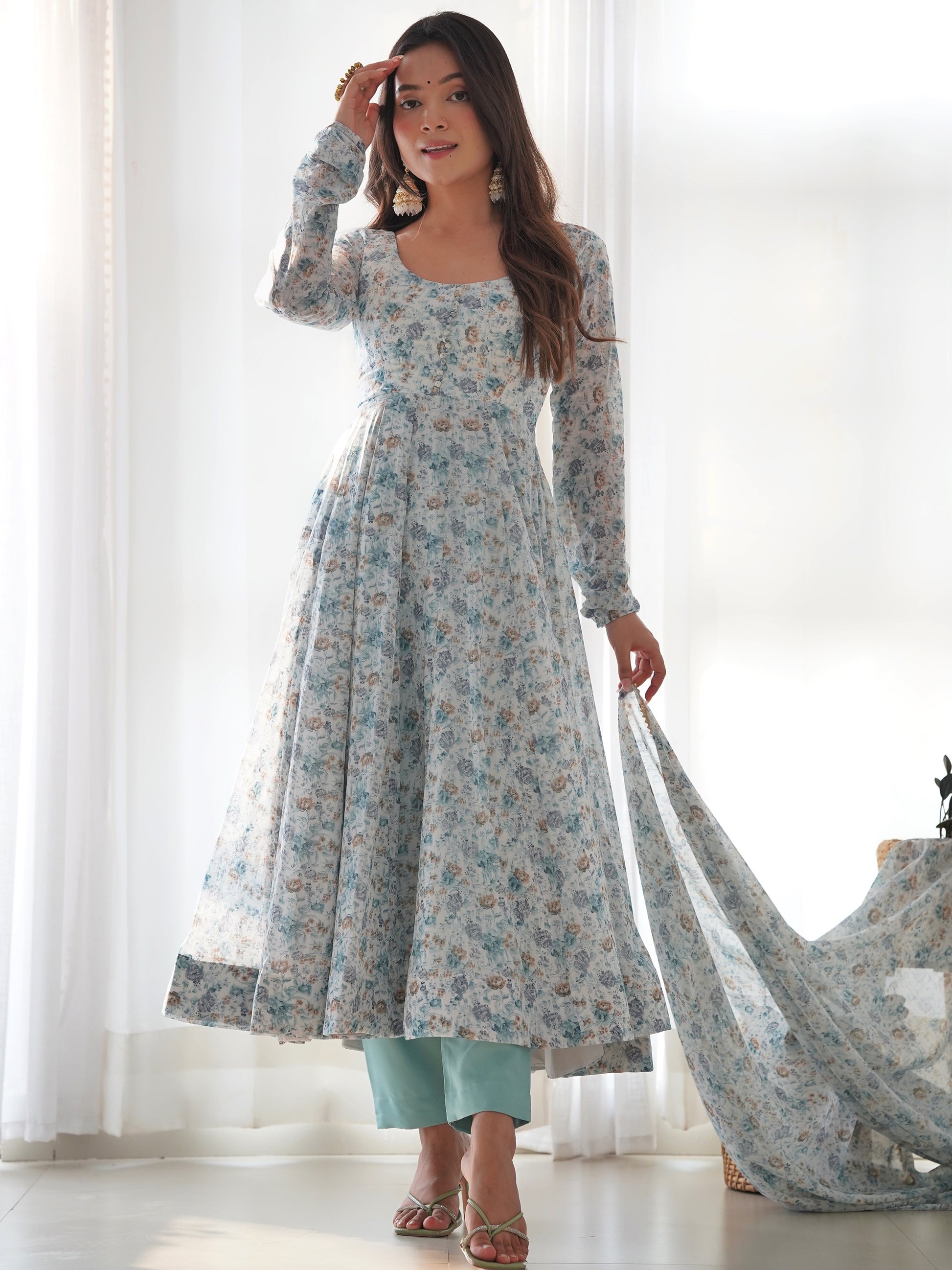 Captivating Off-White Digital Printed Chiffon Festival Wear Anarkali Suit