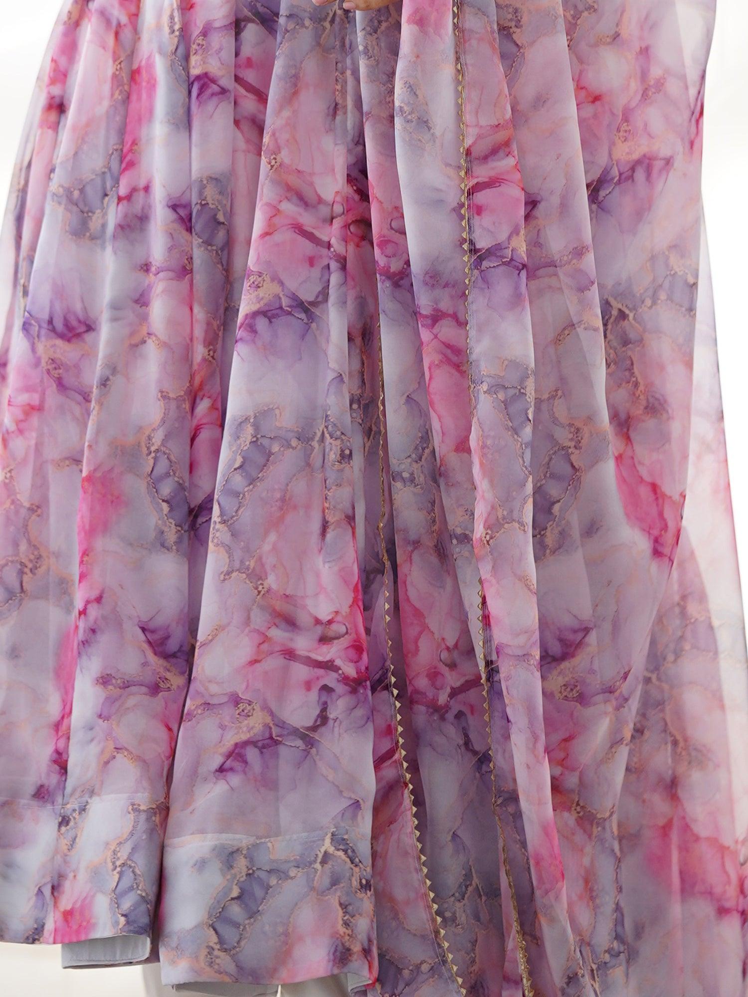 Charming Off-White Digital Printed Organza Traditional Anarkali Suit