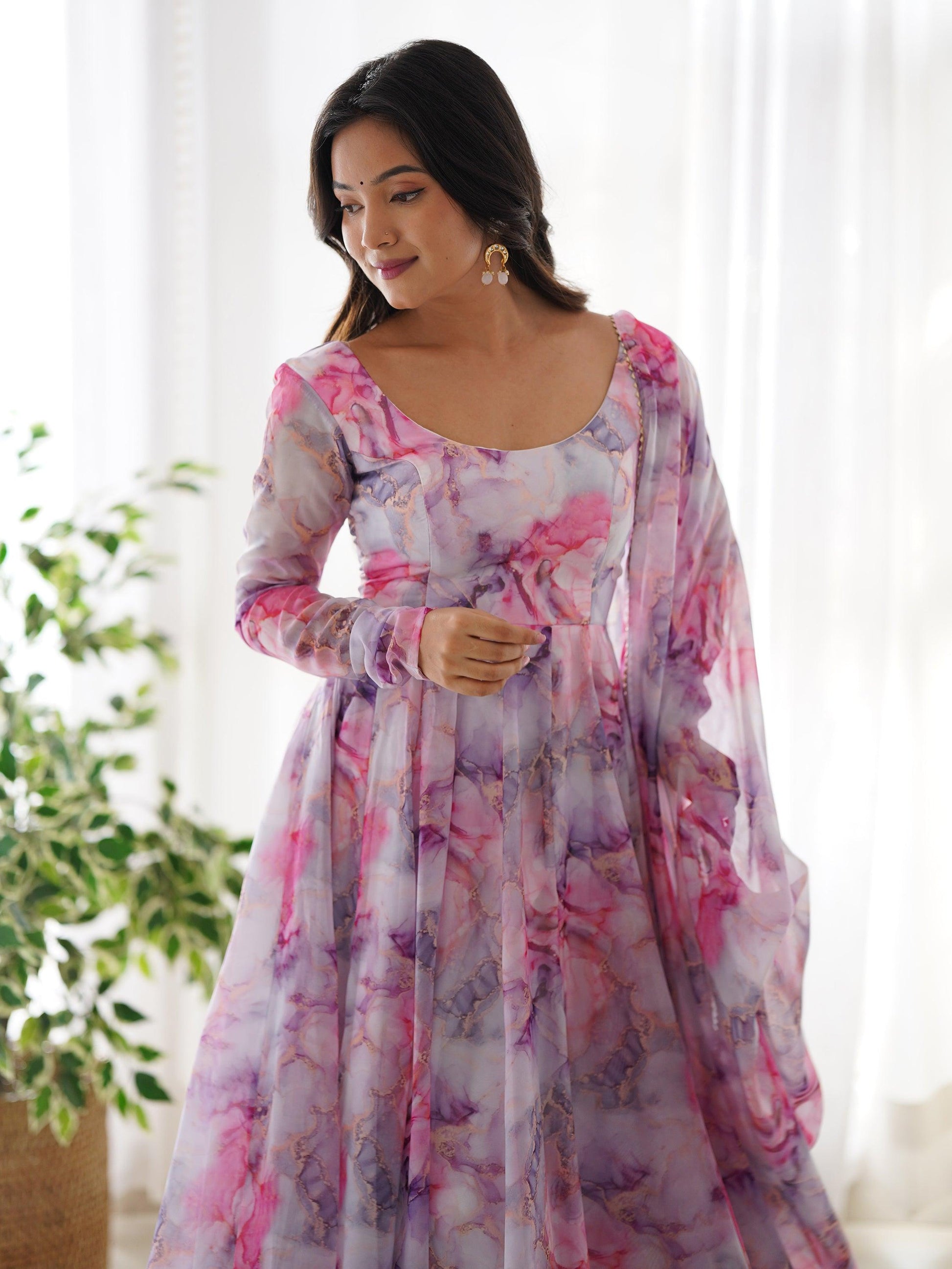 Charming Off-White Digital Printed Organza Traditional Anarkali Suit