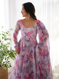 Charming Off-White Digital Printed Organza Traditional Anarkali Suit