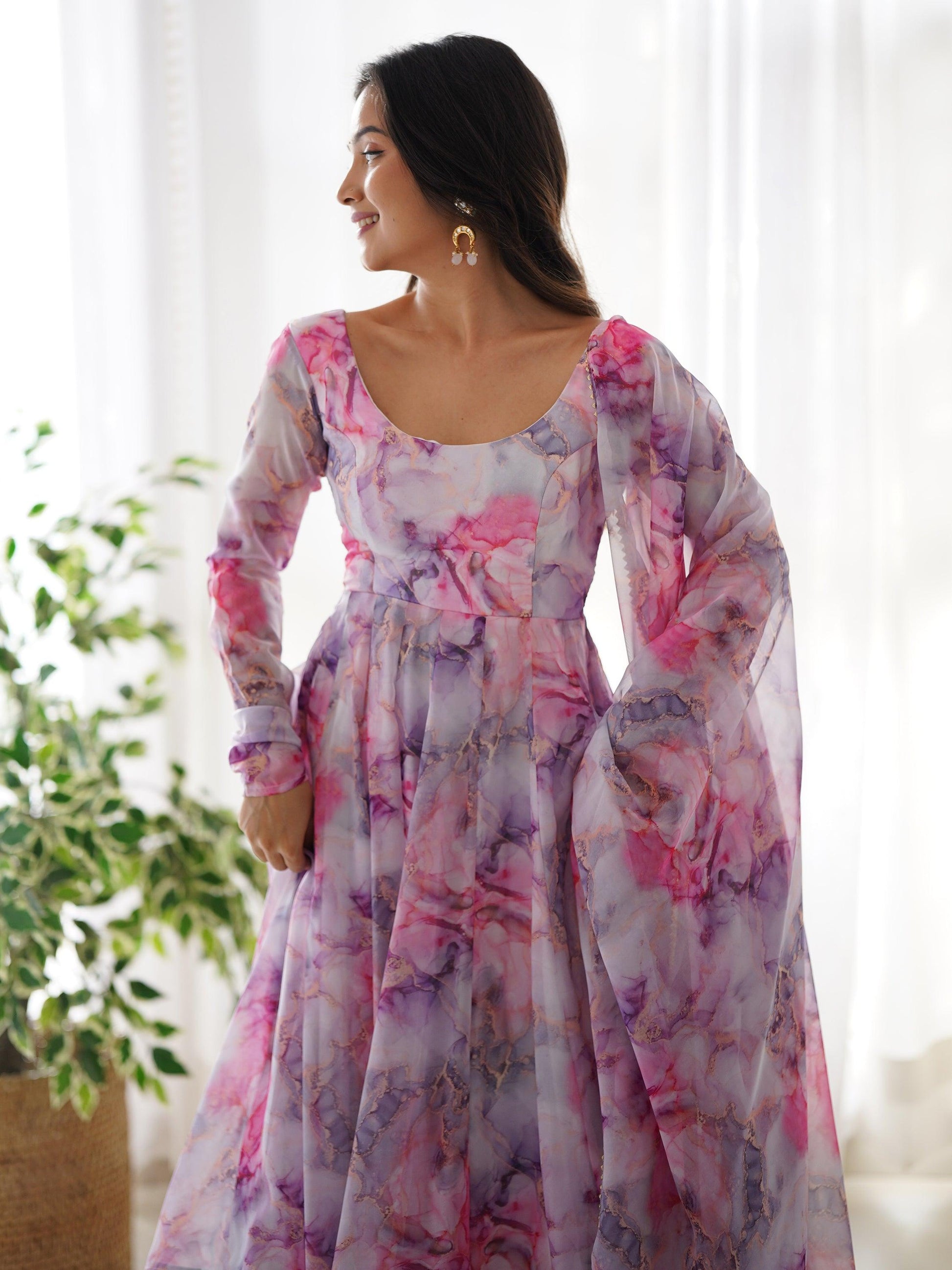 Charming Off-White Digital Printed Organza Traditional Anarkali Suit