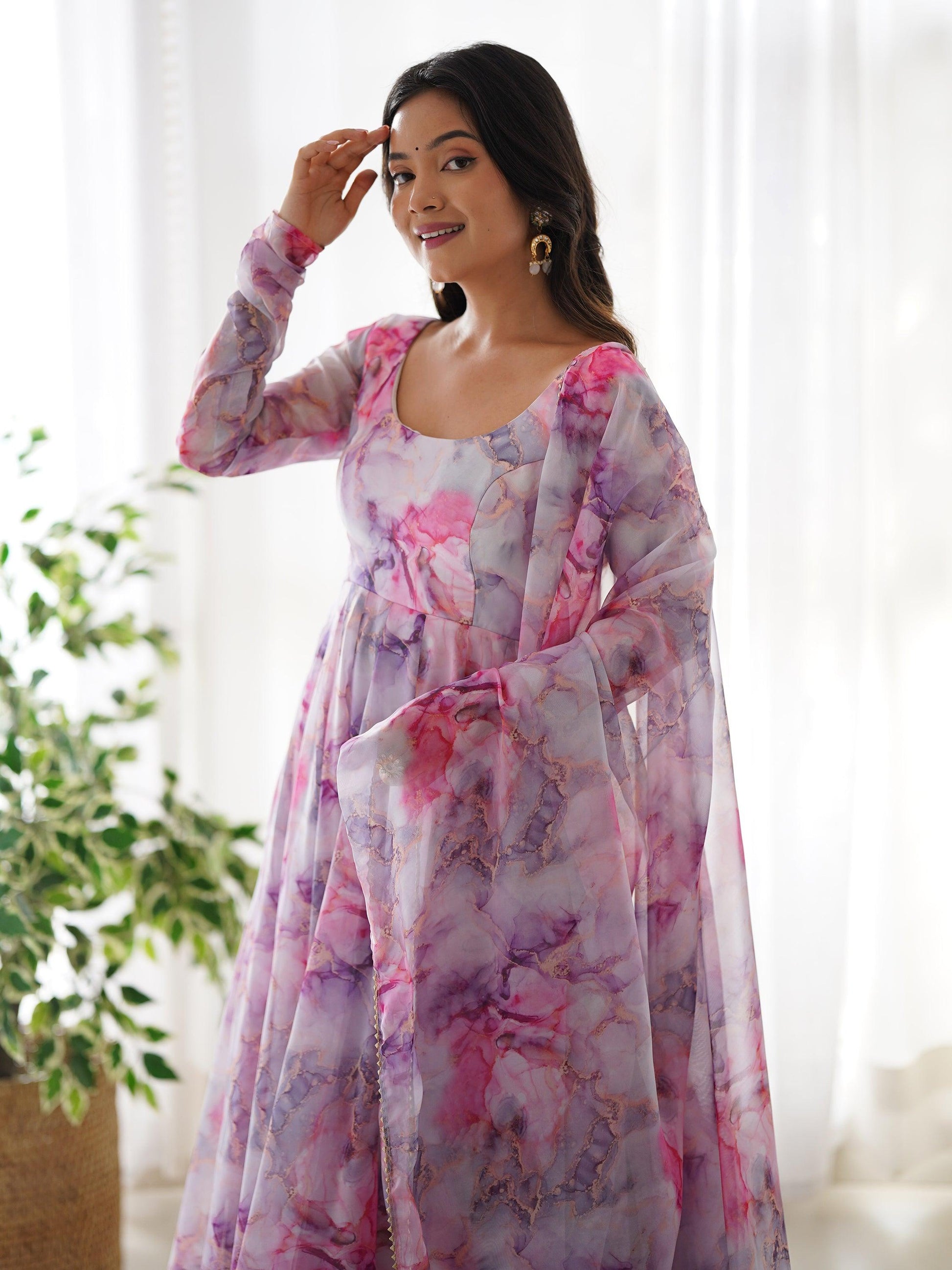 Charming Off-White Digital Printed Organza Traditional Anarkali Suit