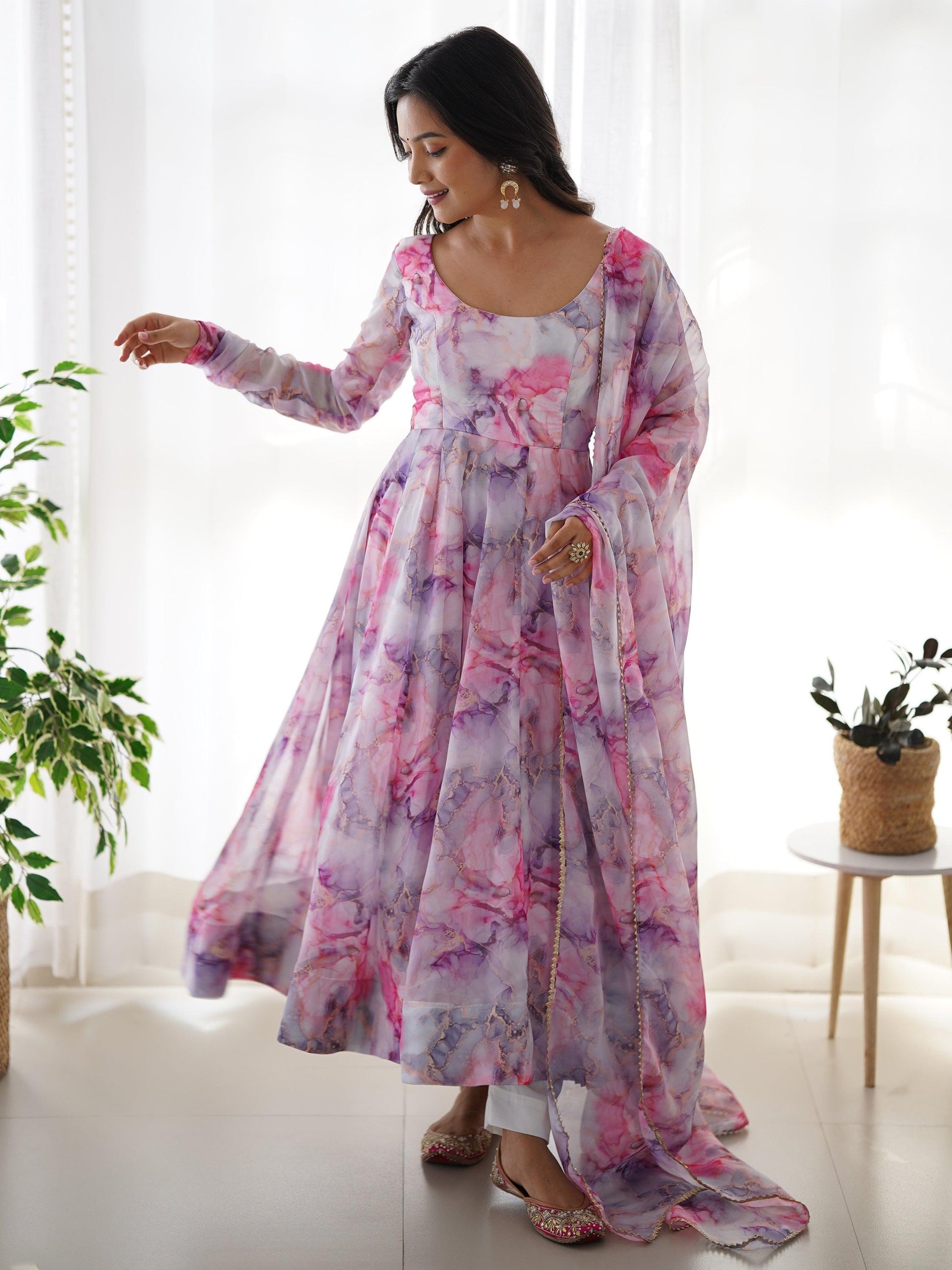 Charming Off-White Digital Printed Organza Traditional Anarkali Suit