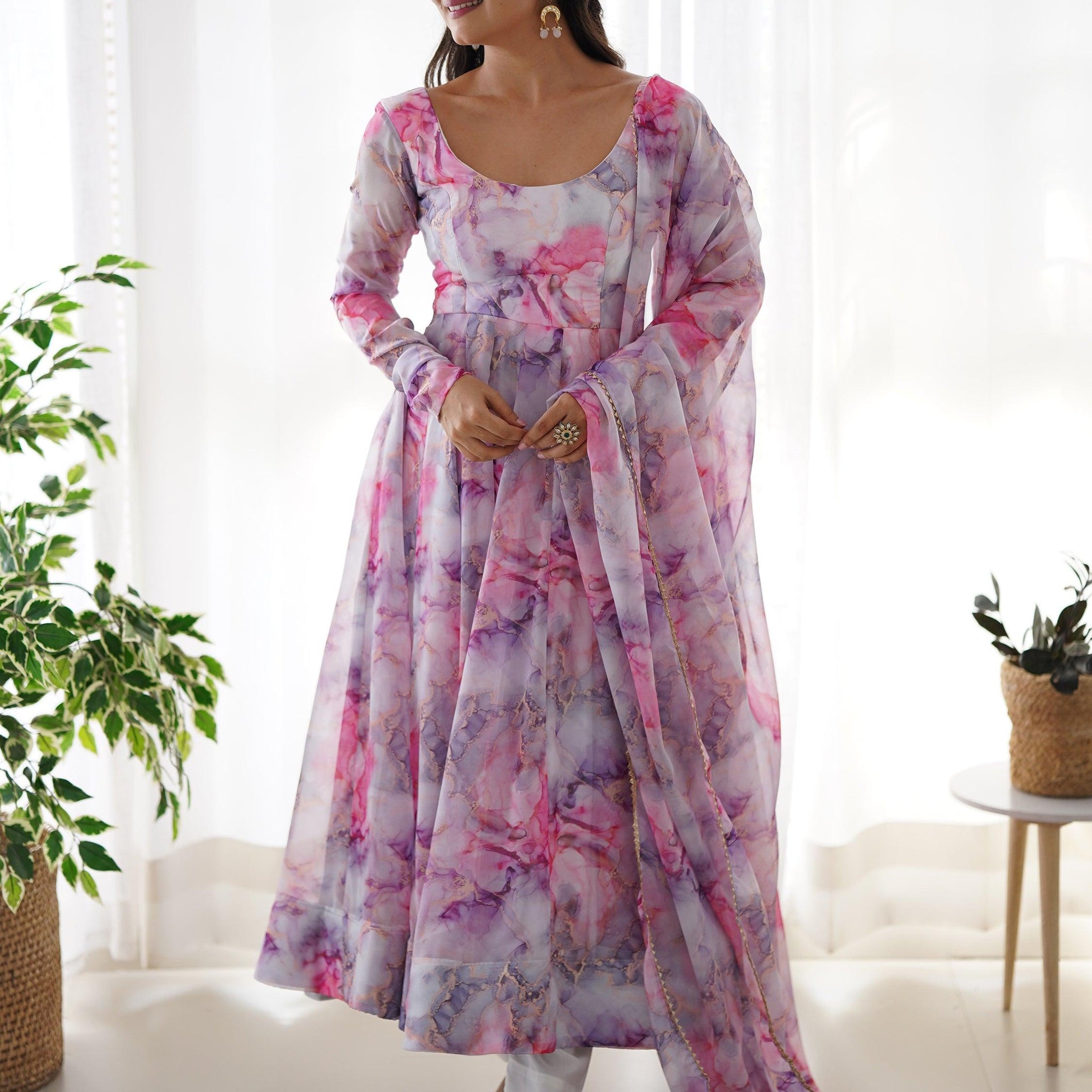 Charming Off-White Digital Printed Organza Traditional Anarkali Suit