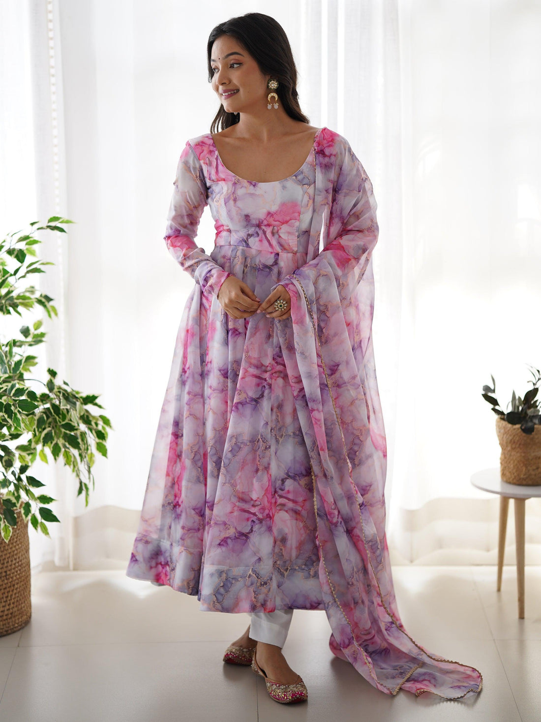 Charming Off-White Digital Printed Organza Traditional Anarkali Suit