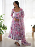 Charming Off-White Digital Printed Organza Traditional Anarkali Suit