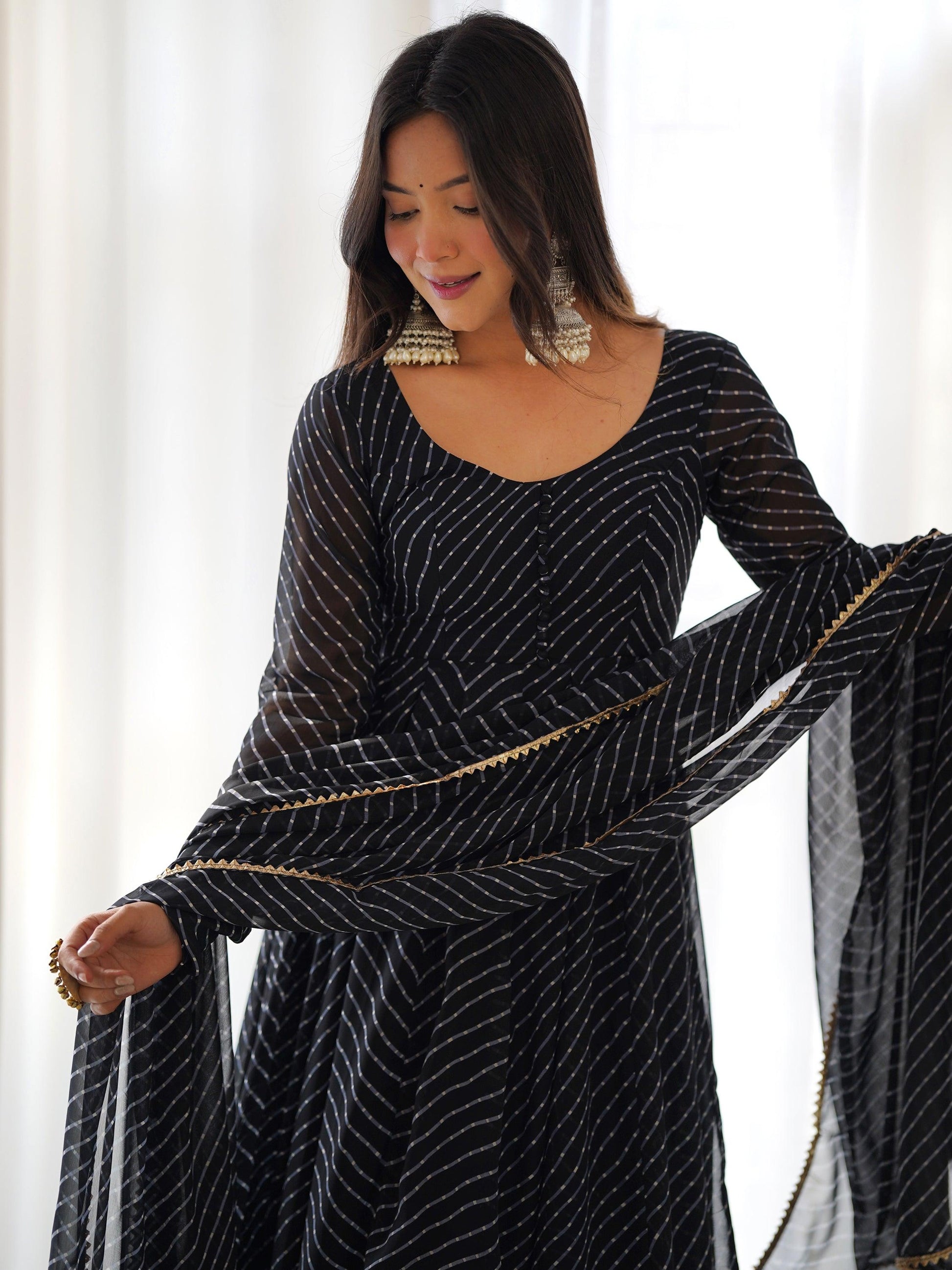 Attractive Black Laheriya Printed Georgette Festival Wear Anarkali Suit