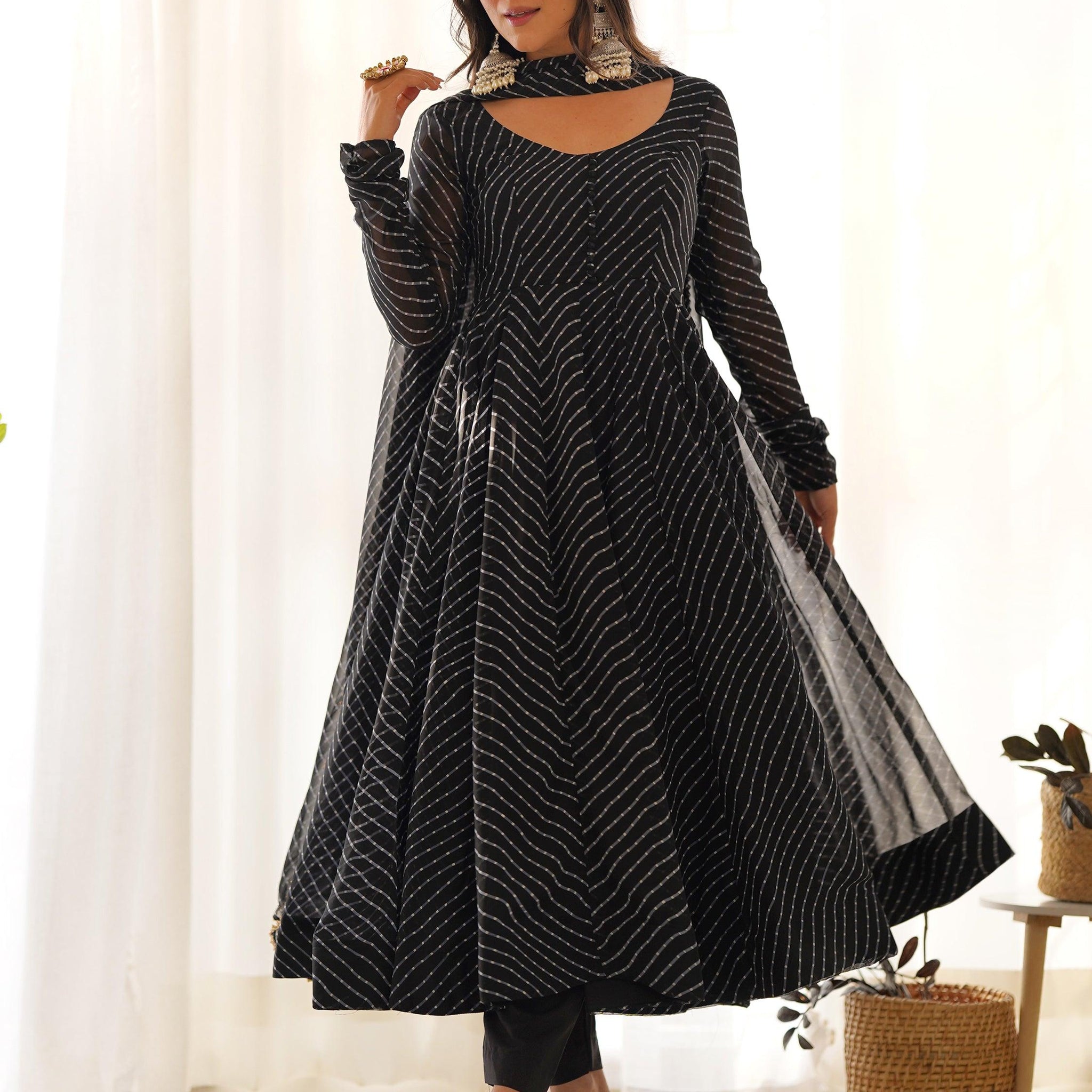 Attractive Black Laheriya Printed Georgette Festival Wear Anarkali Suit