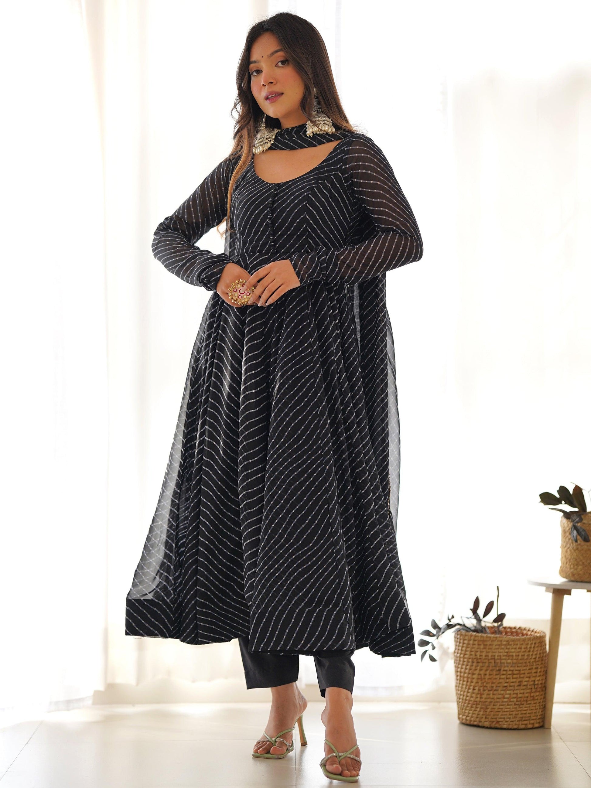 Attractive Black Laheriya Printed Georgette Festival Wear Anarkali Suit
