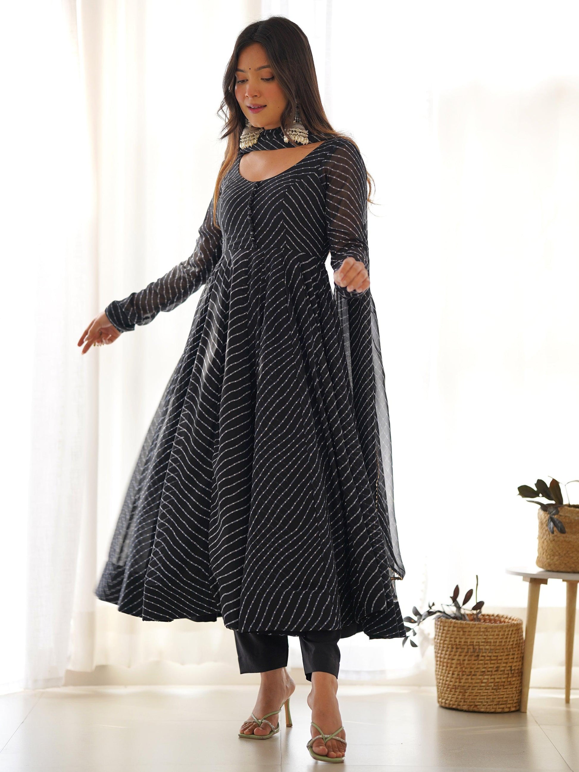 Attractive Black Laheriya Printed Georgette Festival Wear Anarkali Suit