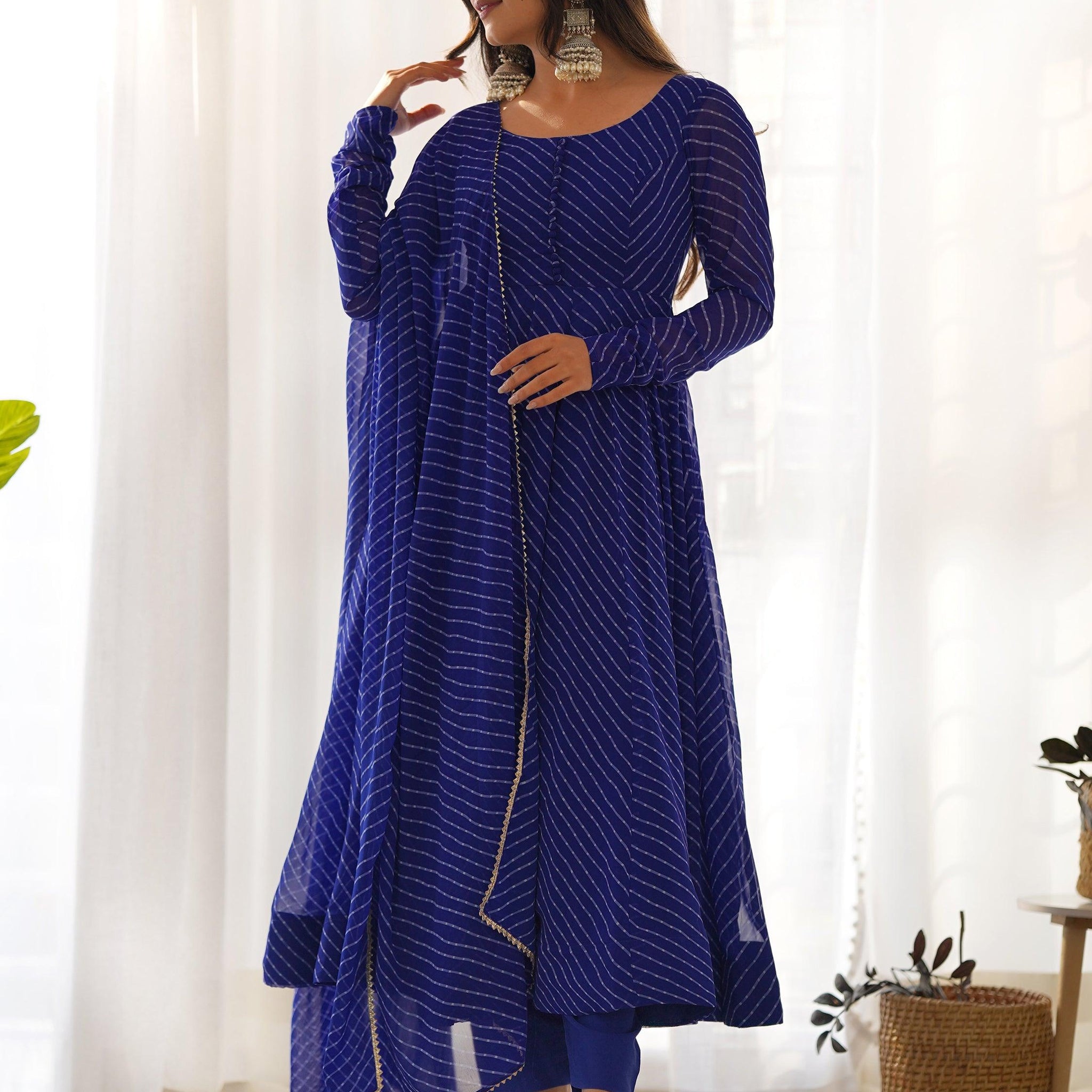 Enchanting Blue Laheriya Printed Georgette Event Wear Anarkali Suit