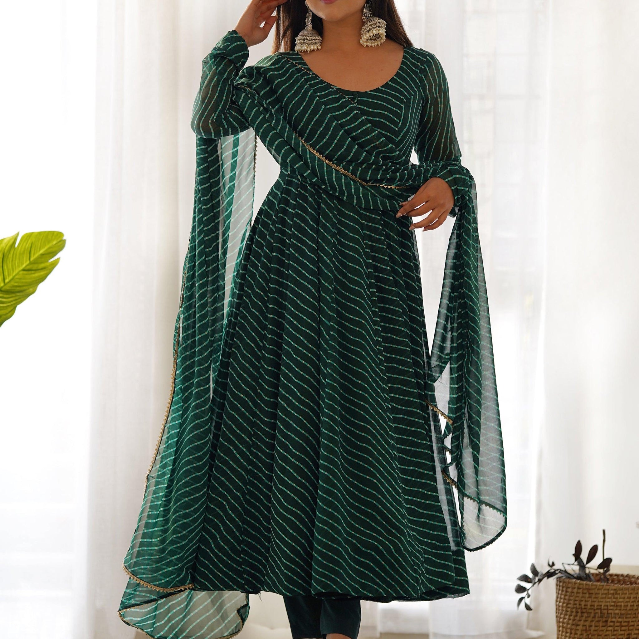 Glamorous Green Laheriya Printed Georgette Traditional Anarkali Suit