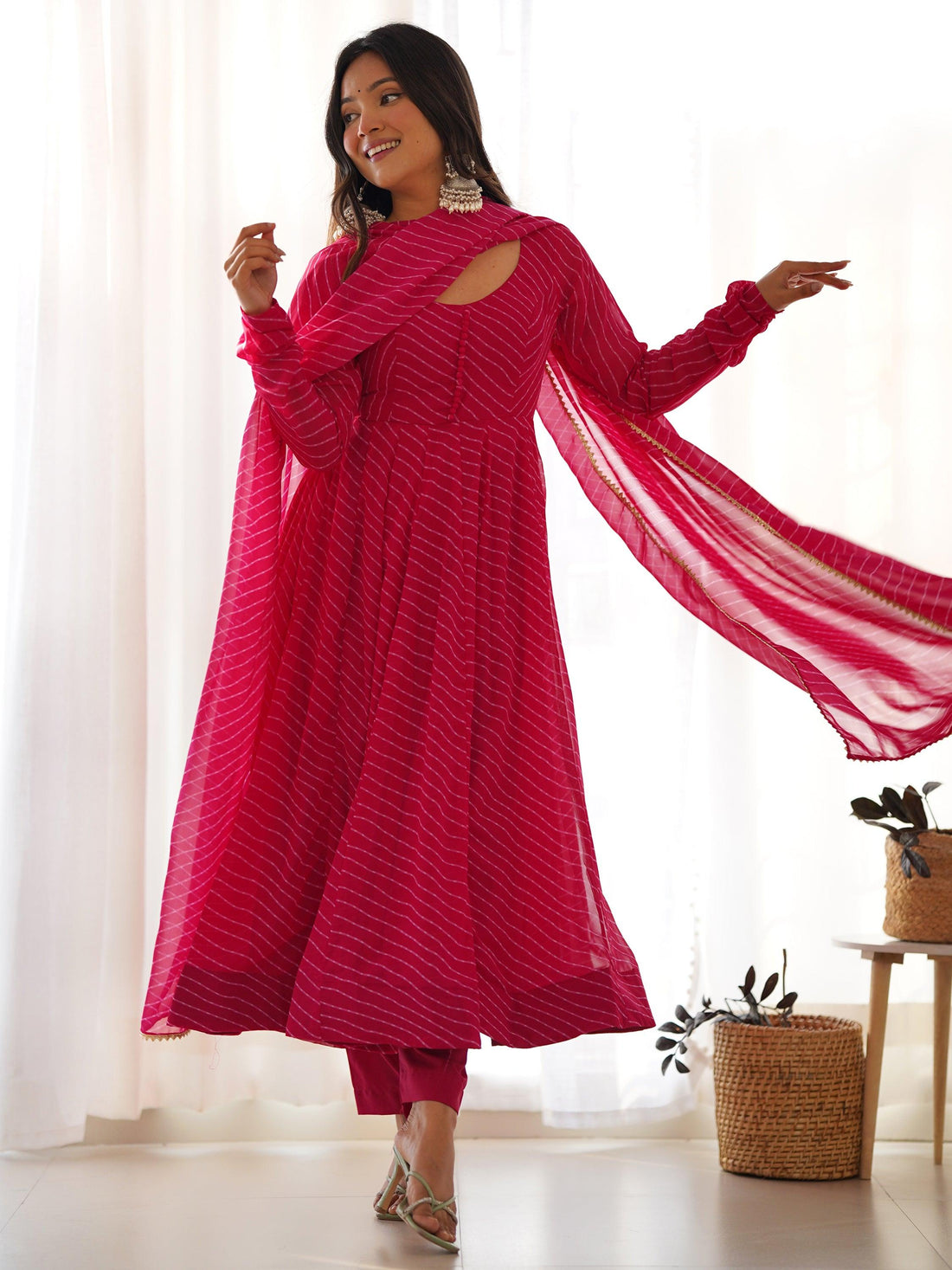 Stunning Pink Laheriya Printed Georgette Event Wear Anarkali Suit