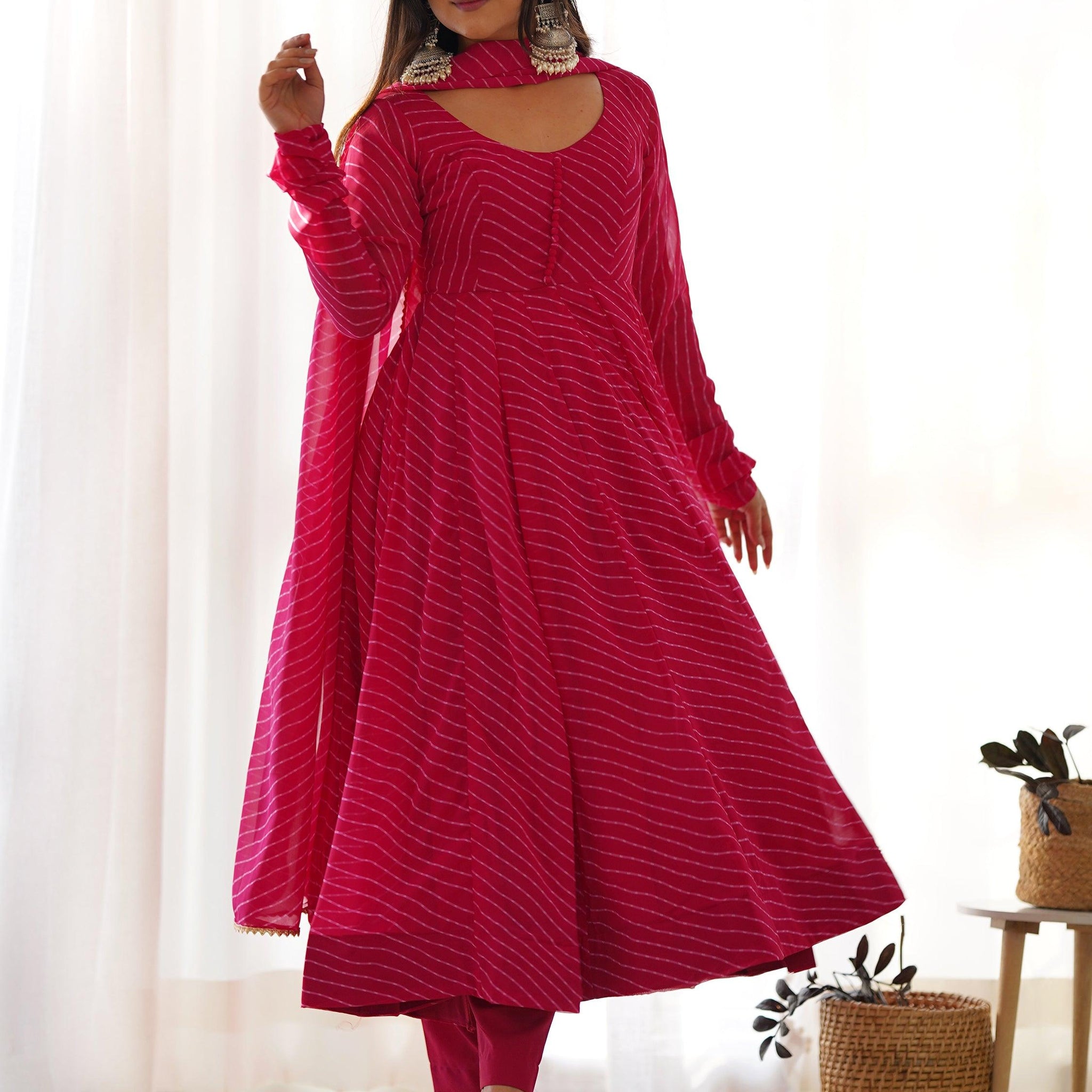 Stunning Pink Laheriya Printed Georgette Event Wear Anarkali Suit