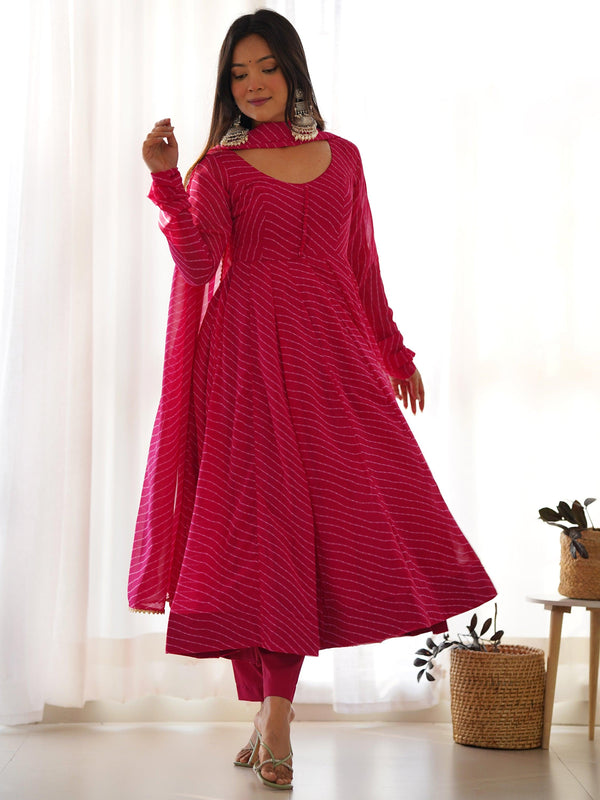 Stunning Pink Laheriya Printed Georgette Event Wear Anarkali Suit