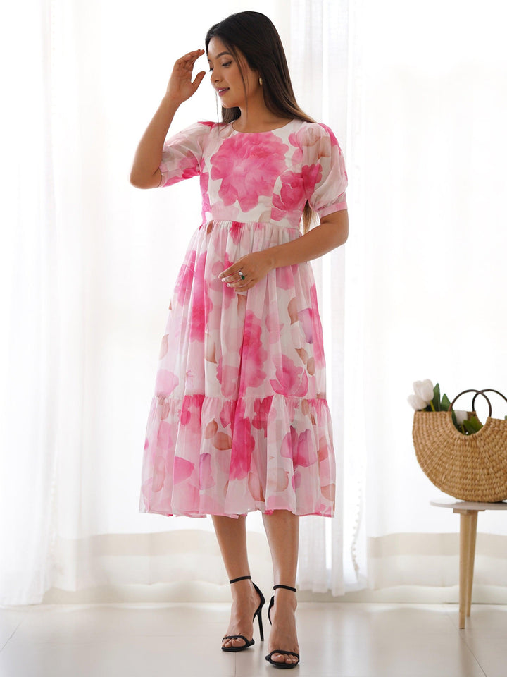 Awesome Off-White Floral Printed Organza Party Wear Frock Dress