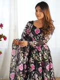 Stunning Black Floral Printed Organza Silk Festive Wear Anarkali Suit