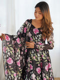 Stunning Black Floral Printed Organza Silk Festive Wear Anarkali Suit