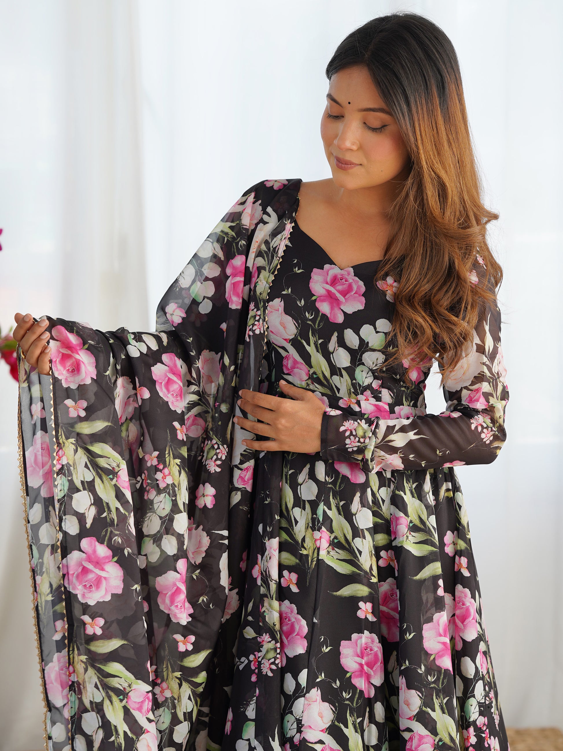 Stunning Black Floral Printed Organza Silk Festive Wear Anarkali Suit