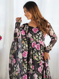 Stunning Black Floral Printed Organza Silk Festive Wear Anarkali Suit