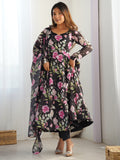 Stunning Black Floral Printed Organza Silk Festive Wear Anarkali Suit