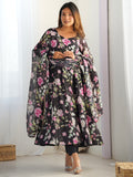 Stunning Black Floral Printed Organza Silk Festive Wear Anarkali Suit