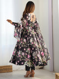 Stunning Black Floral Printed Organza Silk Festive Wear Anarkali Suit