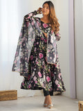 Stunning Black Floral Printed Organza Silk Festive Wear Anarkali Suit