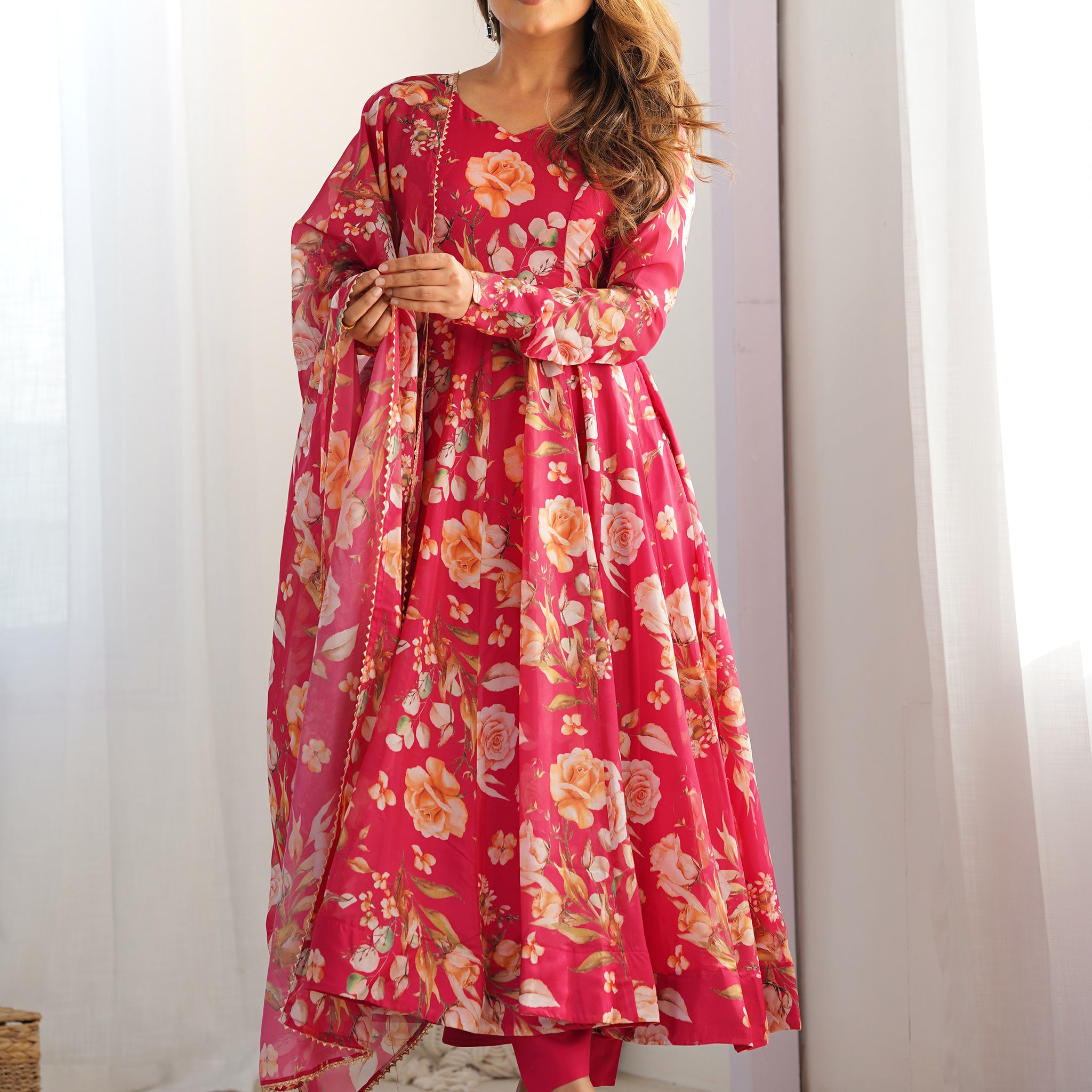 Incredible Pink Floral Printed Organza Event Wear Anarkali Suit
