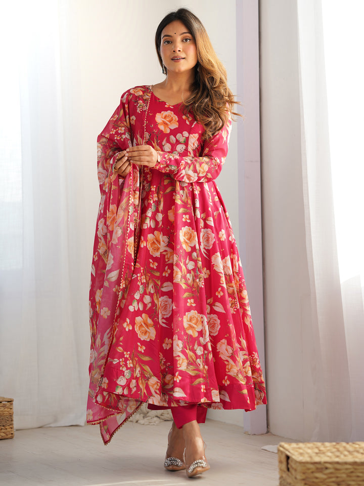 Incredible Pink Floral Printed Organza Event Wear Anarkali Suit