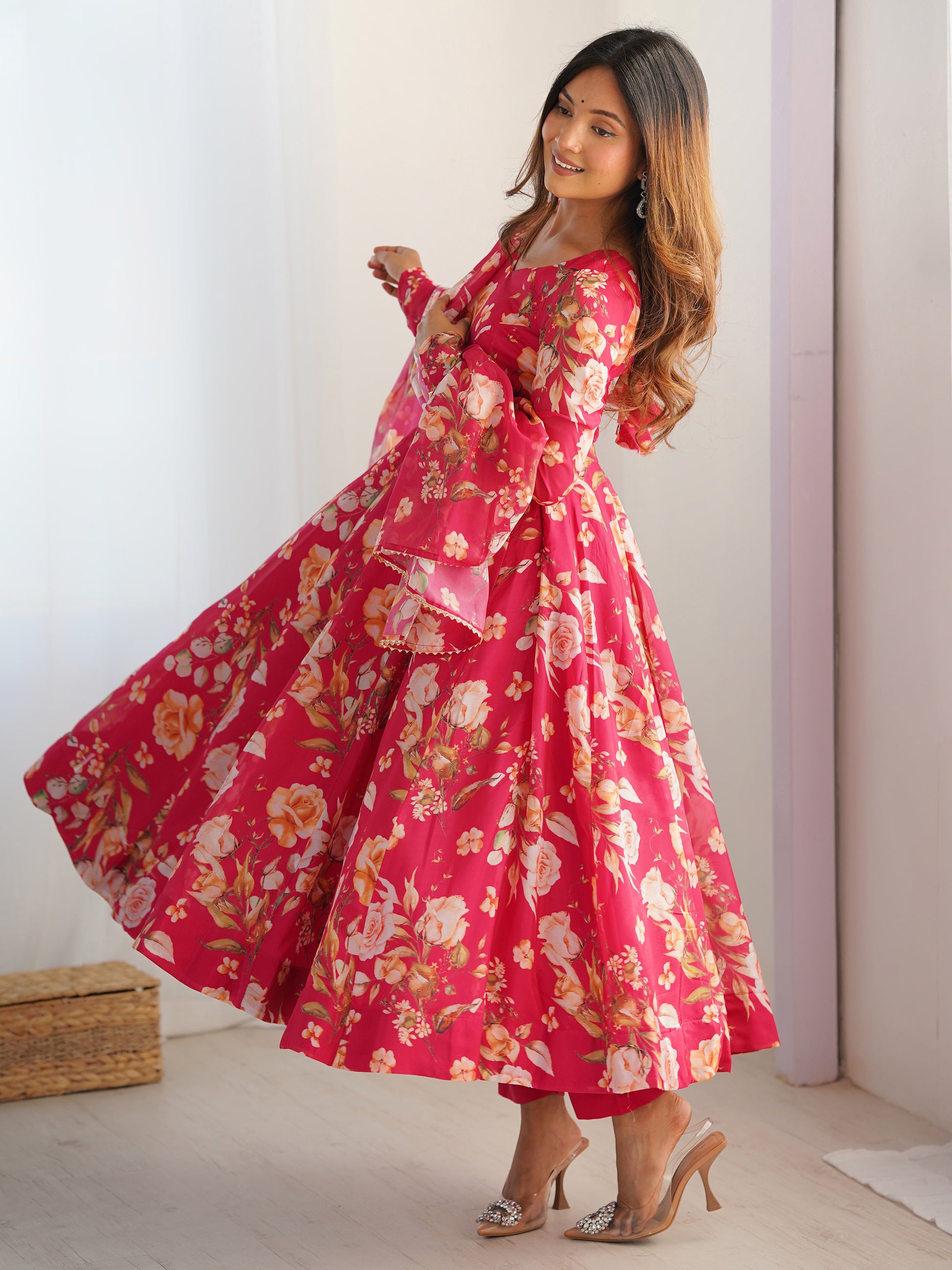 Incredible Pink Floral Printed Organza Event Wear Anarkali Suit