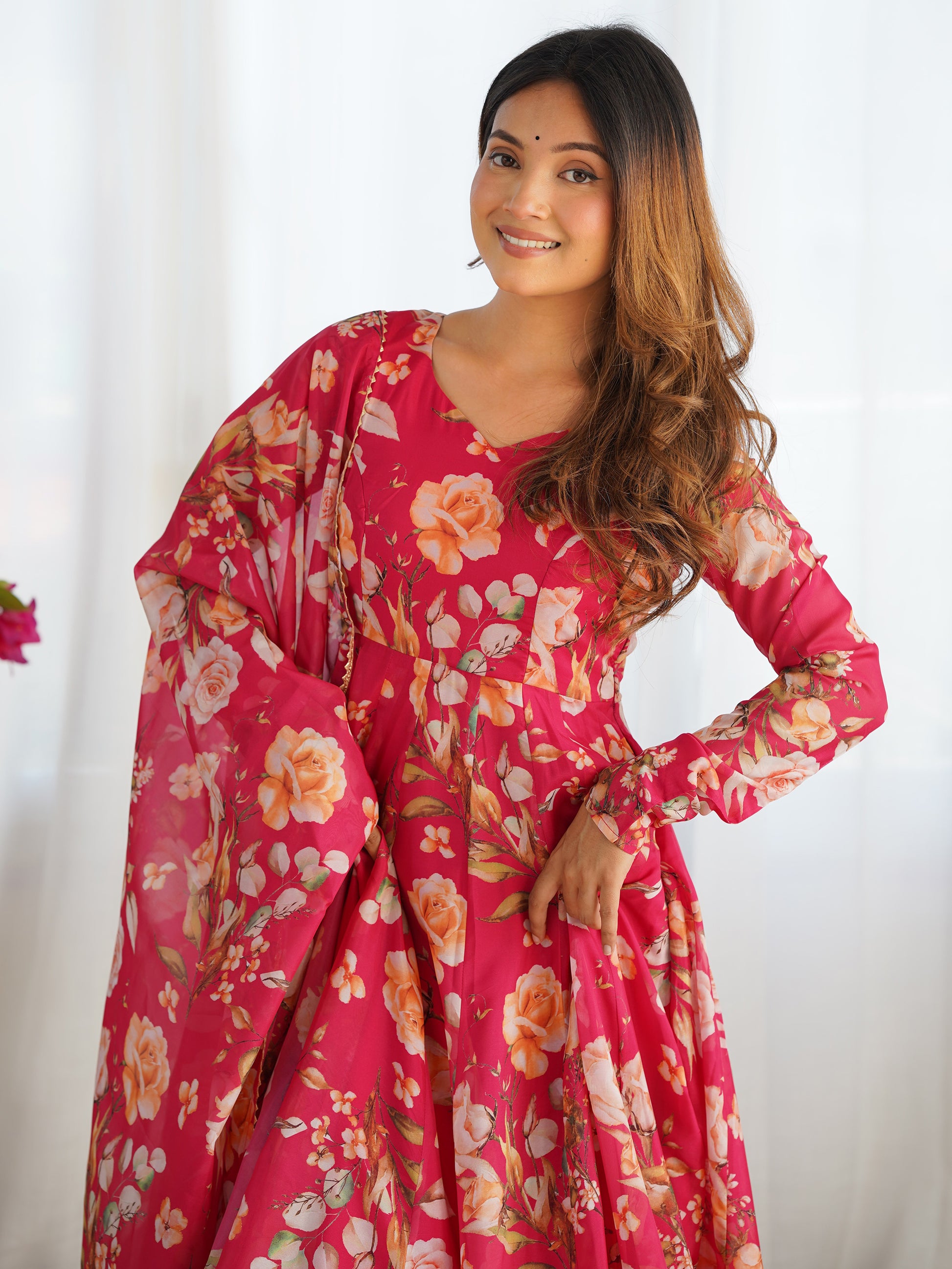 Incredible Pink Floral Printed Organza Event Wear Anarkali Suit
