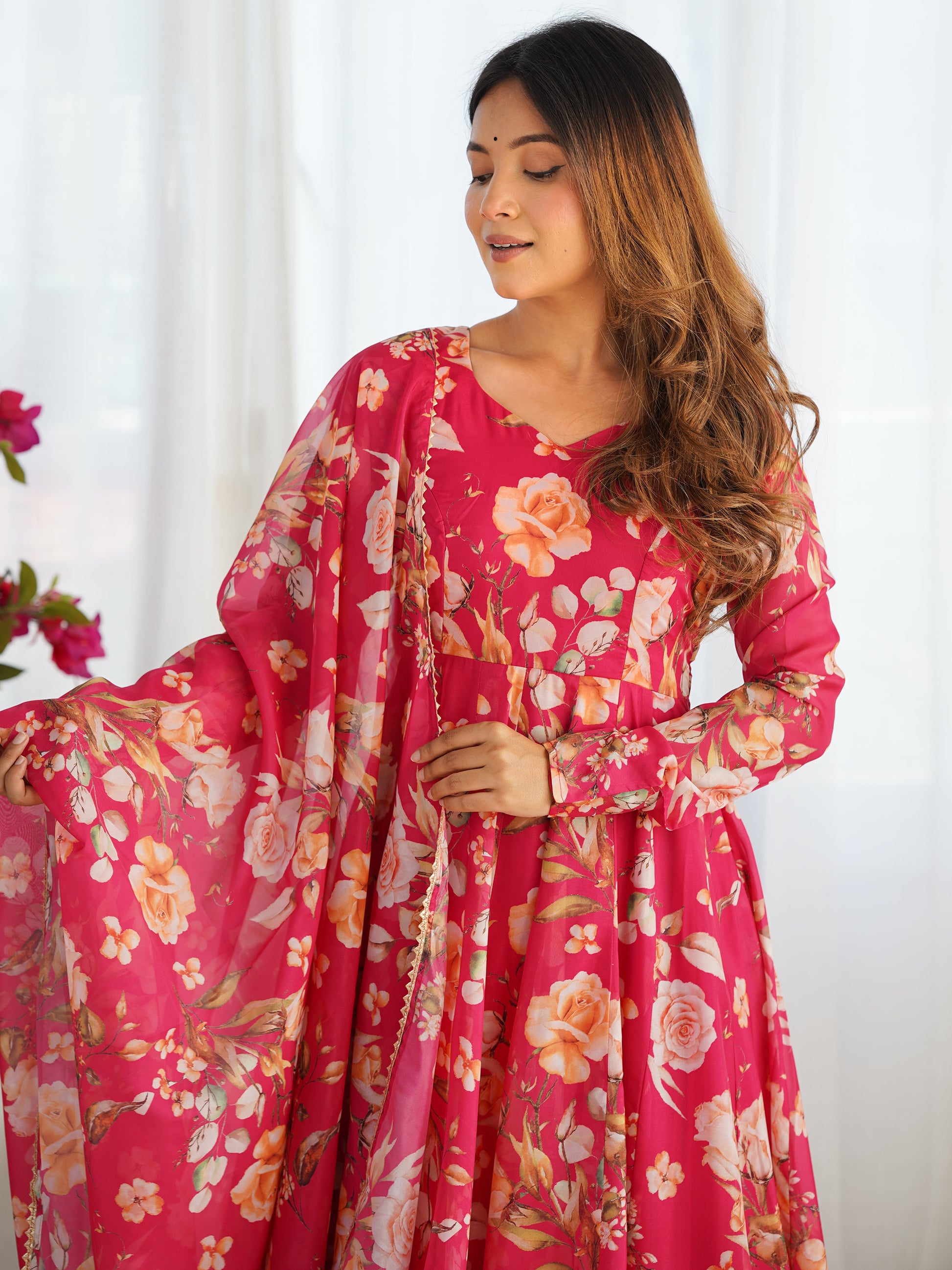 Incredible Pink Floral Printed Organza Event Wear Anarkali Suit