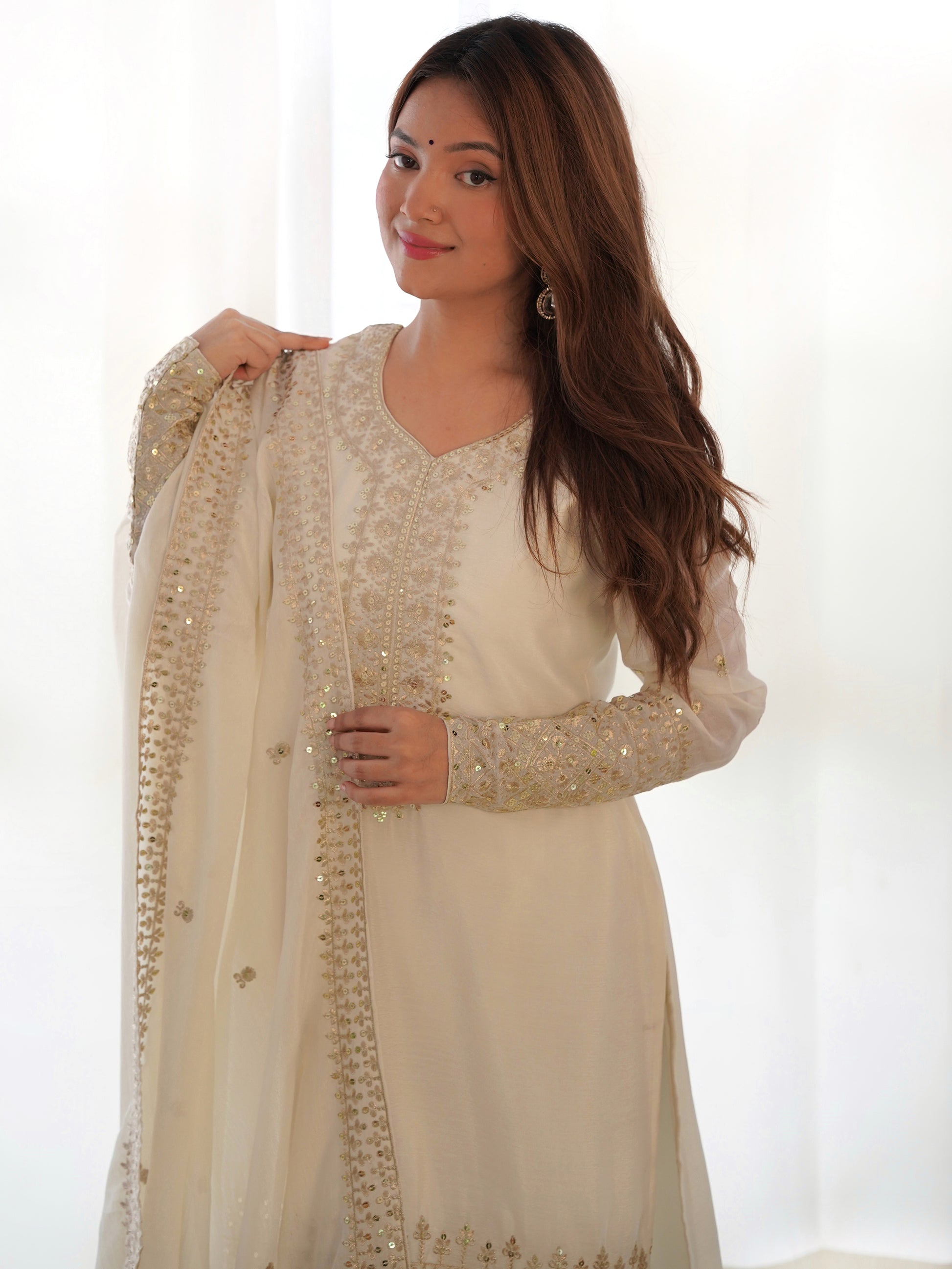 Adorable White Sequins Chinon Silk Eid Special Pant Suit