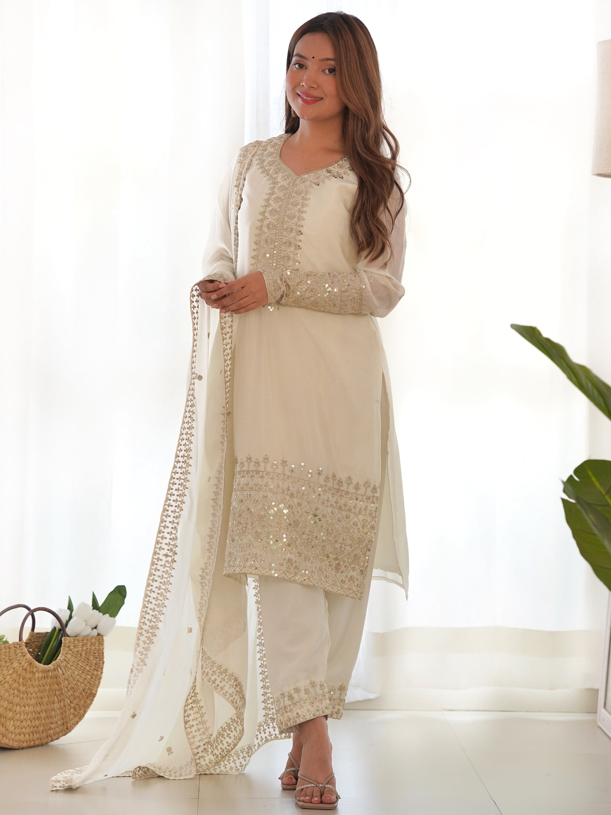 Adorable White Sequins Chinon Silk Eid Special Pant Suit