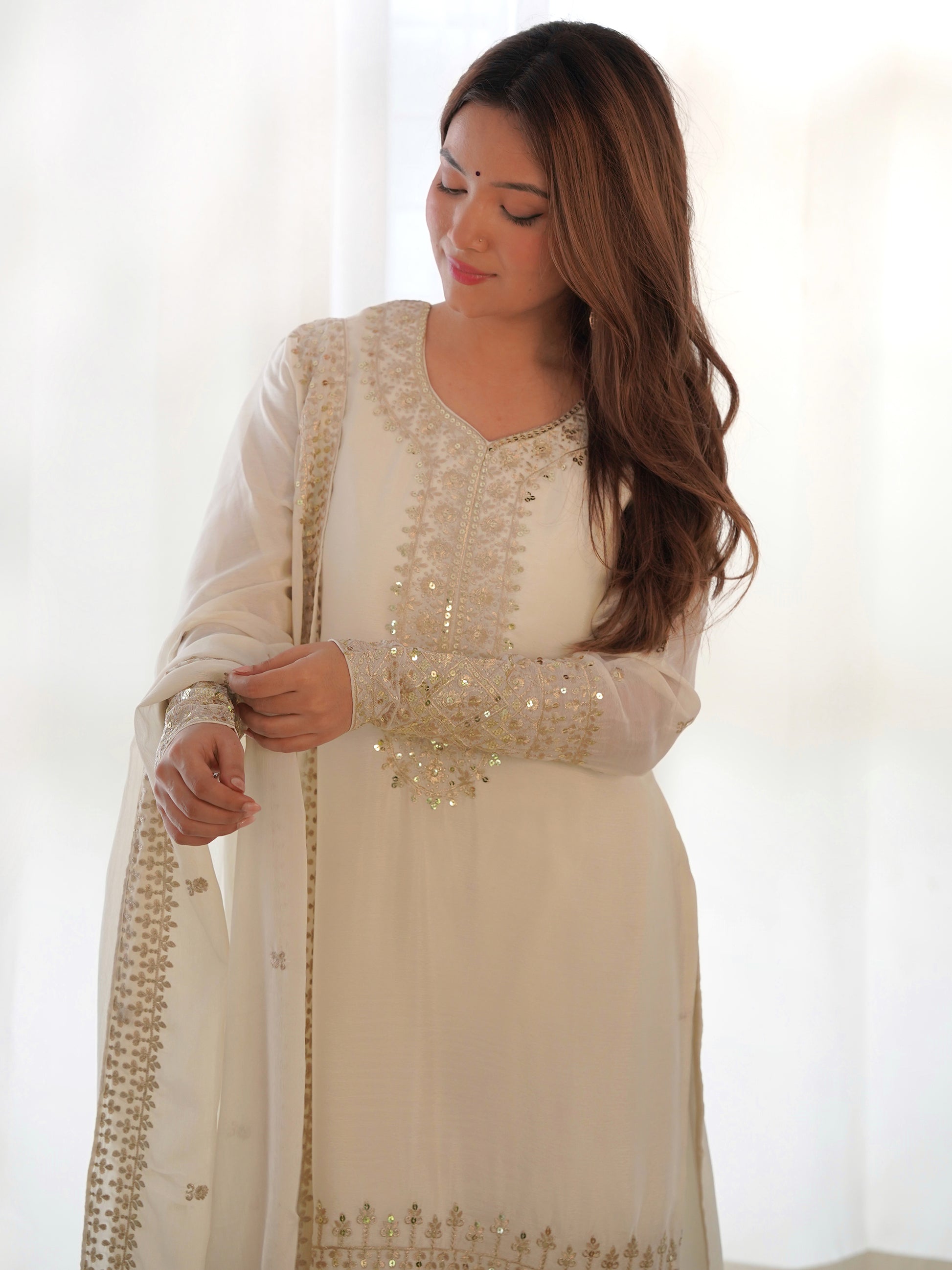 Adorable White Sequins Chinon Silk Eid Special Pant Suit