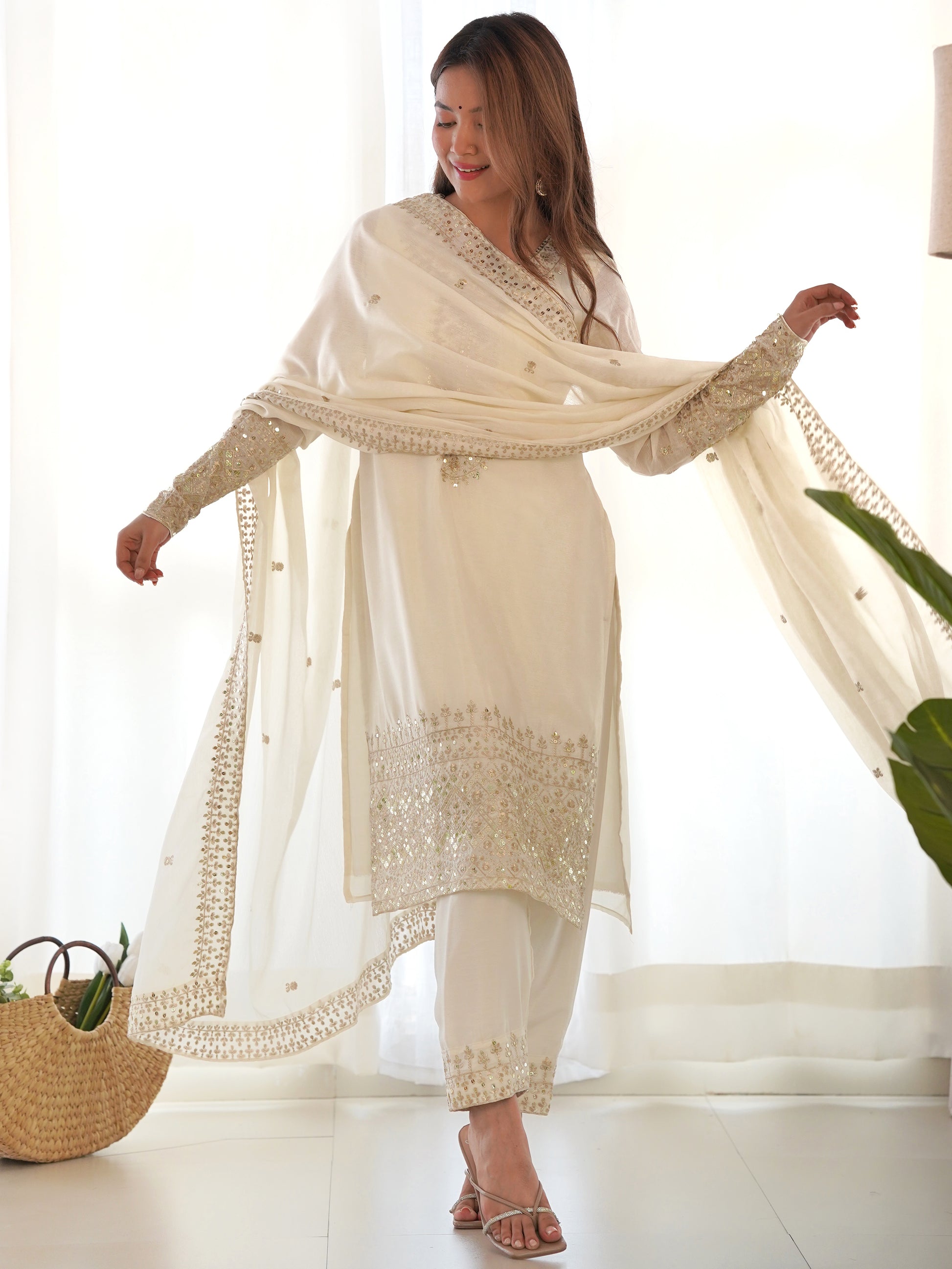 Adorable White Sequins Chinon Silk Eid Special Pant Suit