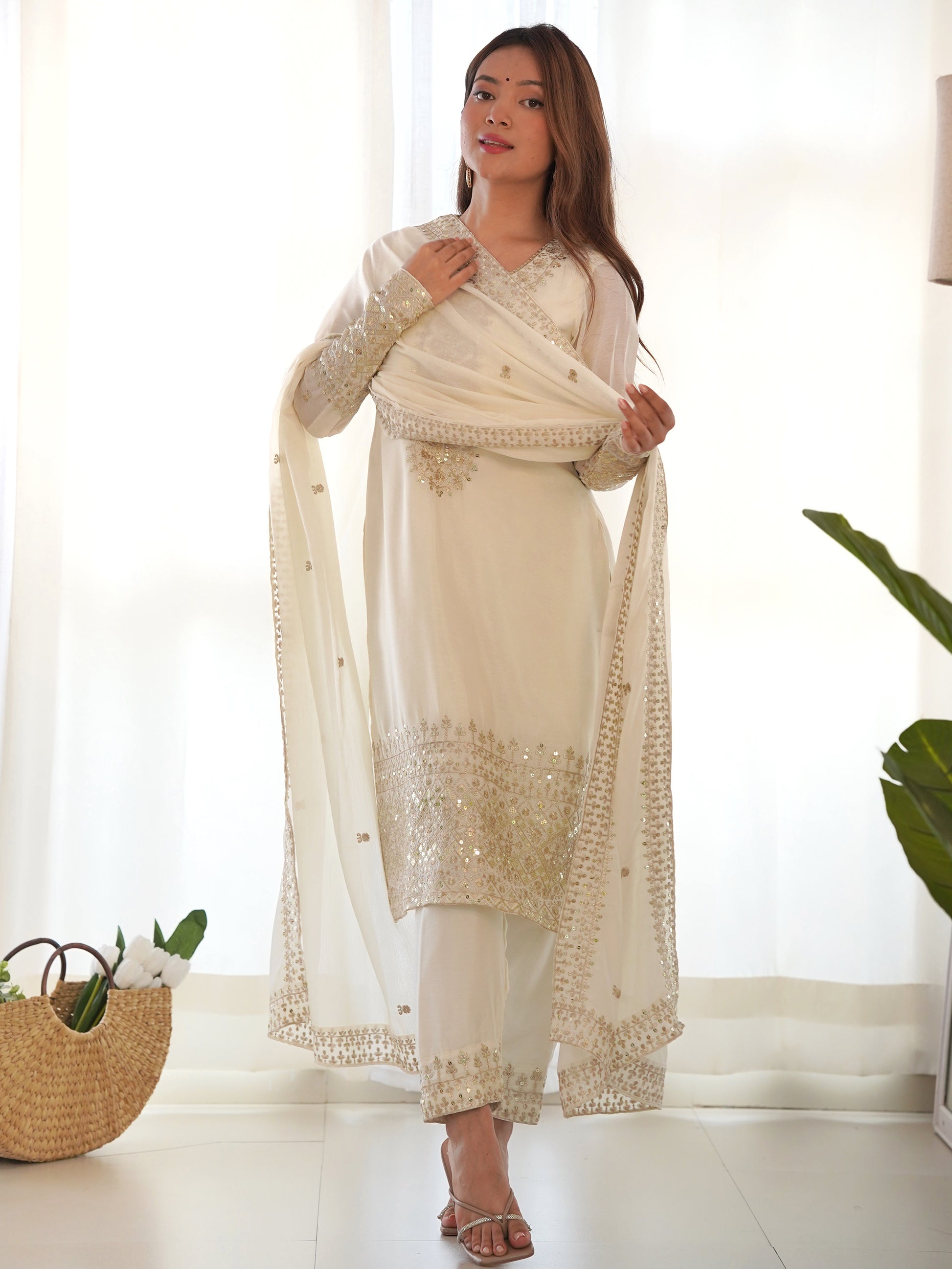 Adorable White Sequins Chinon Silk Eid Special Pant Suit