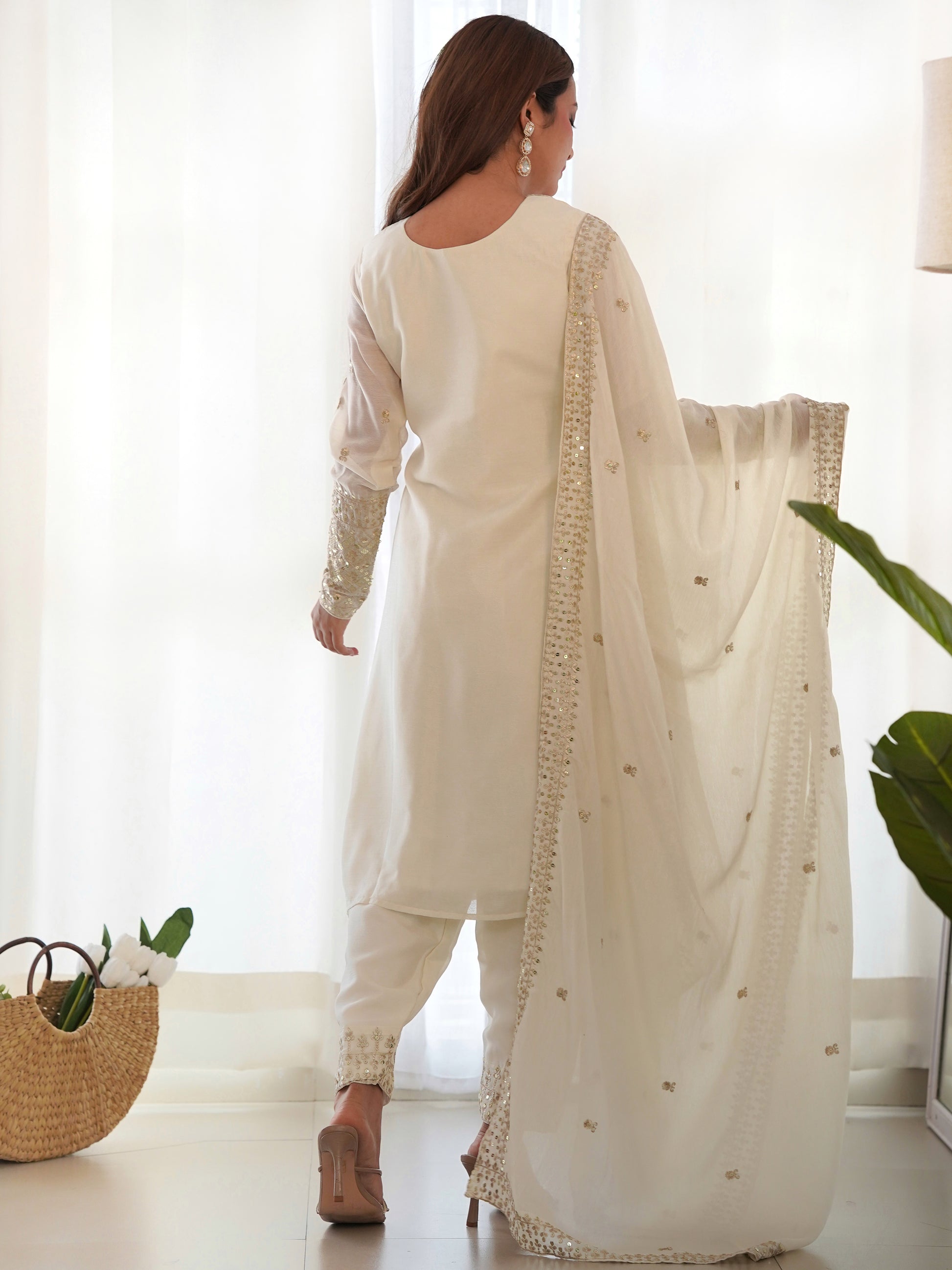 Adorable White Sequins Chinon Silk Eid Special Pant Suit