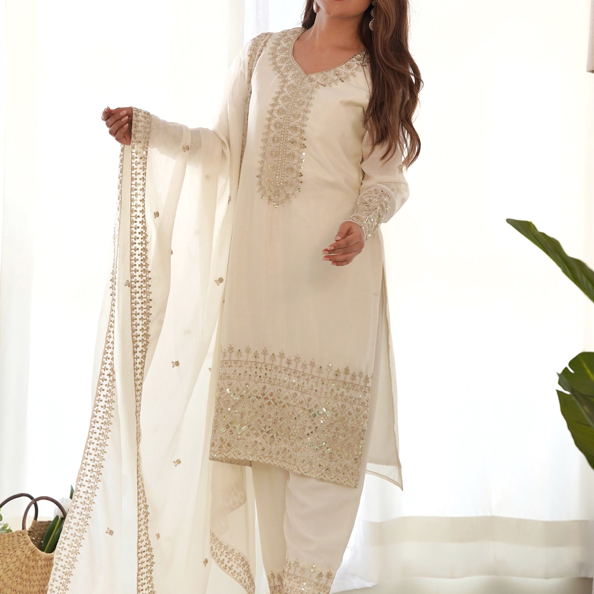 Adorable White Sequins Chinon Silk Eid Special Pant Suit