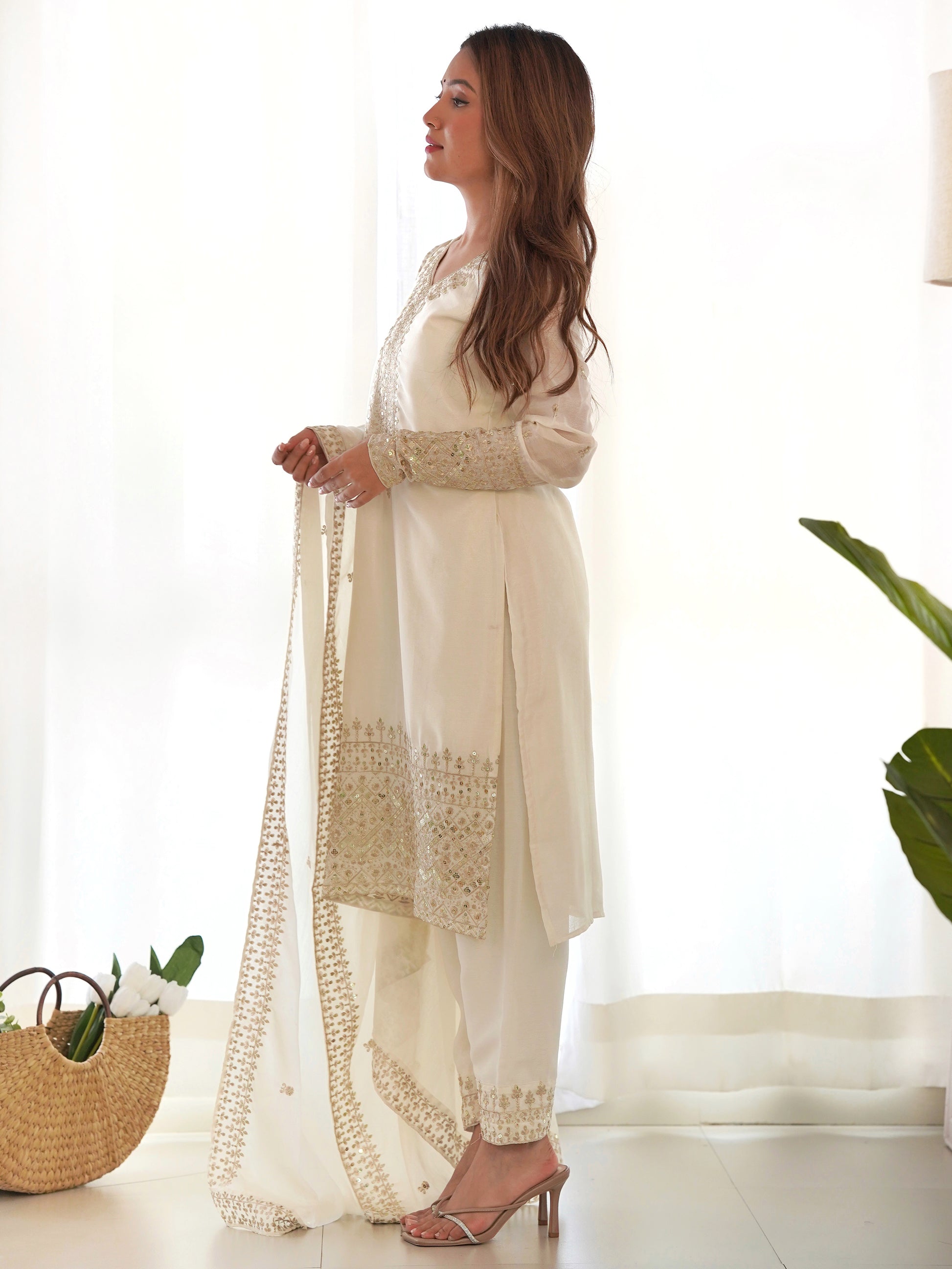 Adorable White Sequins Chinon Silk Eid Special Pant Suit